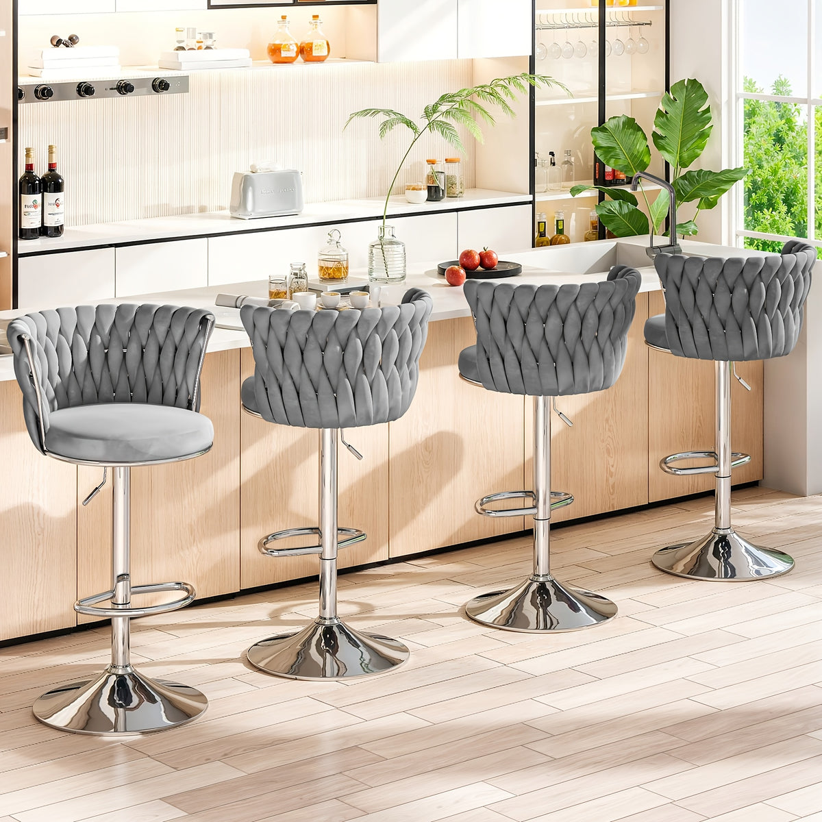 Bar Stools Set of 2 or 4 Adjustable Height Metal Leg Upholstered Counter Chairs for Kitchen Island Bar Living Room Dining Room – Glam Style