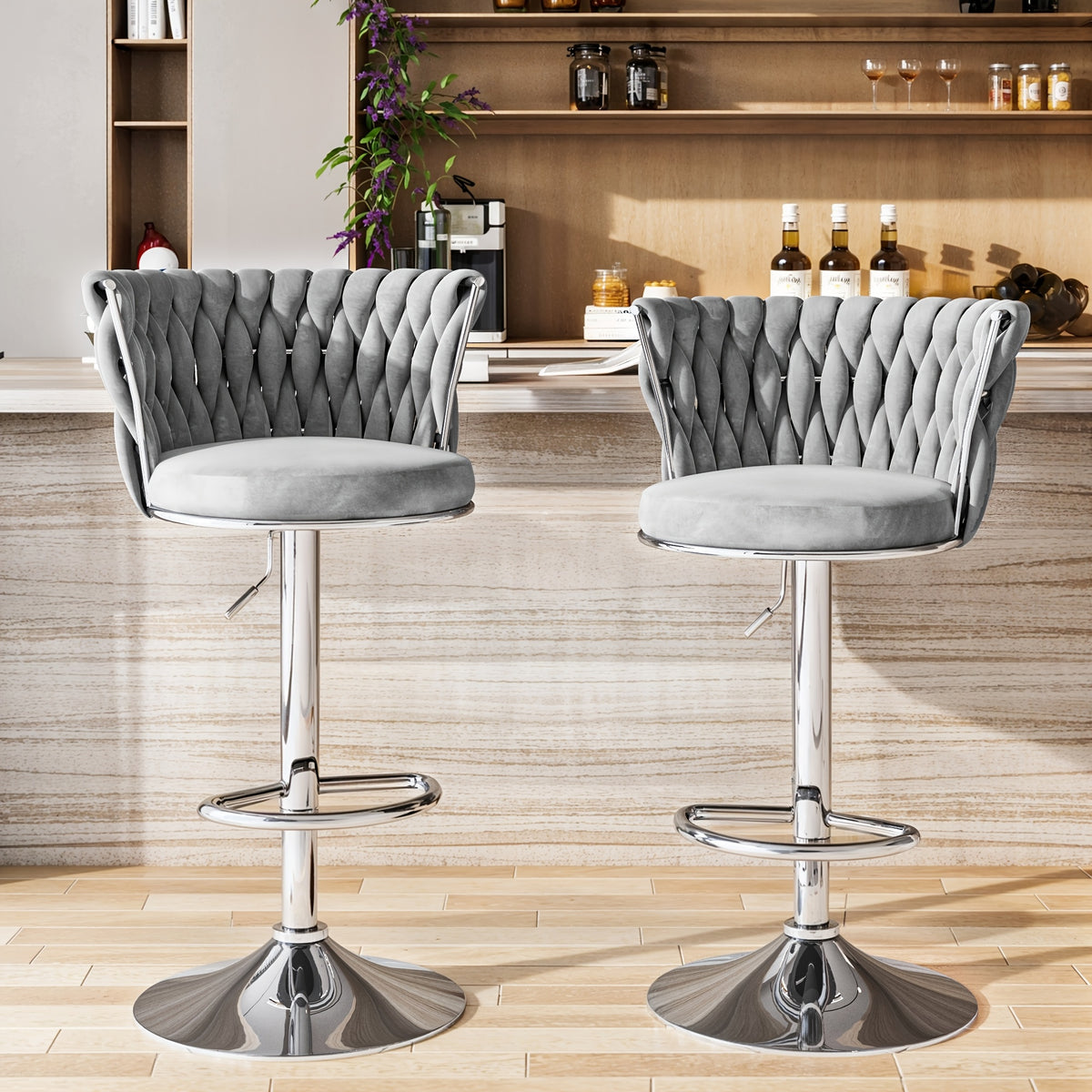 Bar Stools Set of 2 or 4 Adjustable Height Metal Leg Upholstered Counter Chairs for Kitchen Island Bar Living Room Dining Room – Glam Style