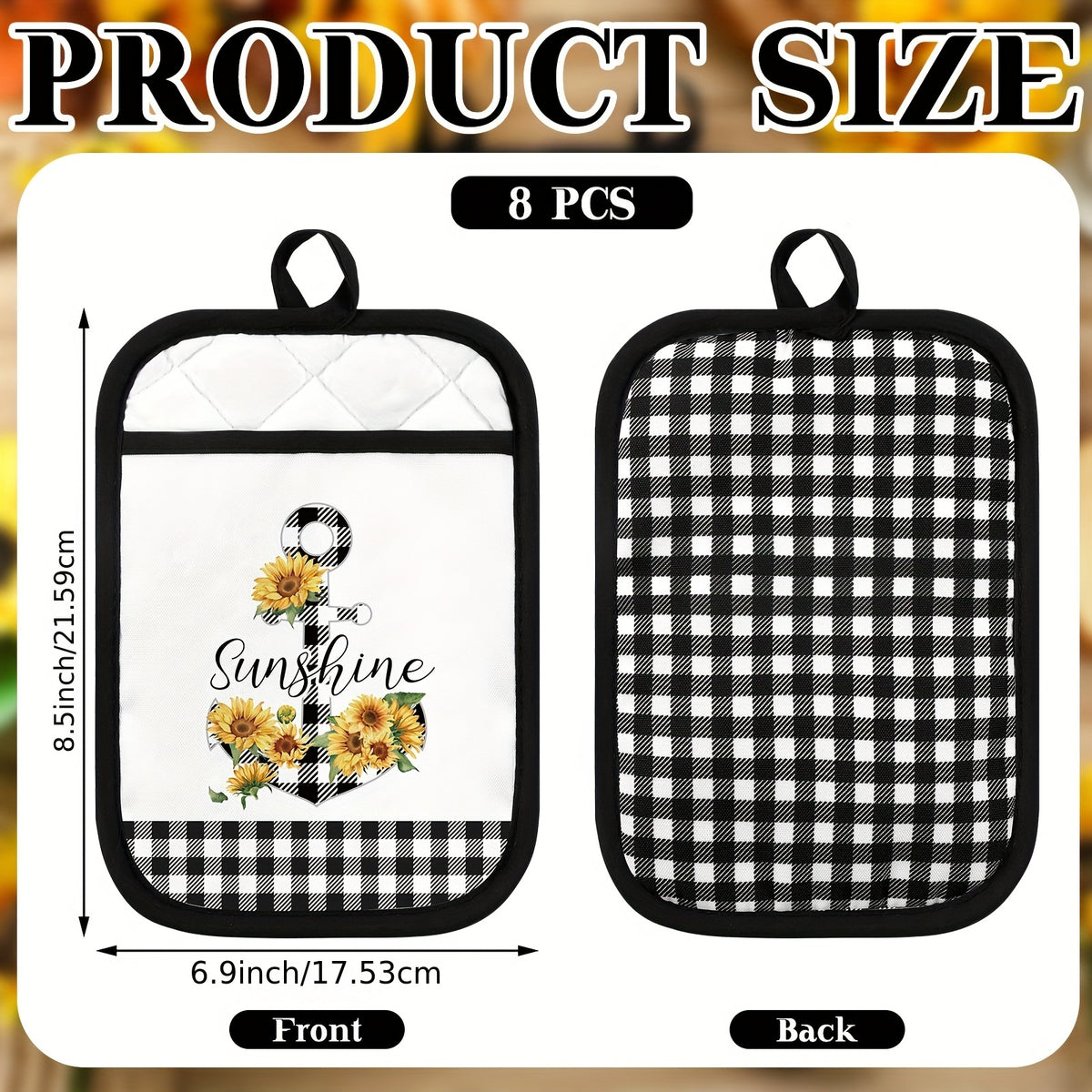 8-Piece Pot Holders Set with Pocket – Buffalo Plaid Oven Mitts, Sunflower Hot Pads & Cookie Bag, Farmhouse Kitchen Gift for Christmas, Baking & Cooking