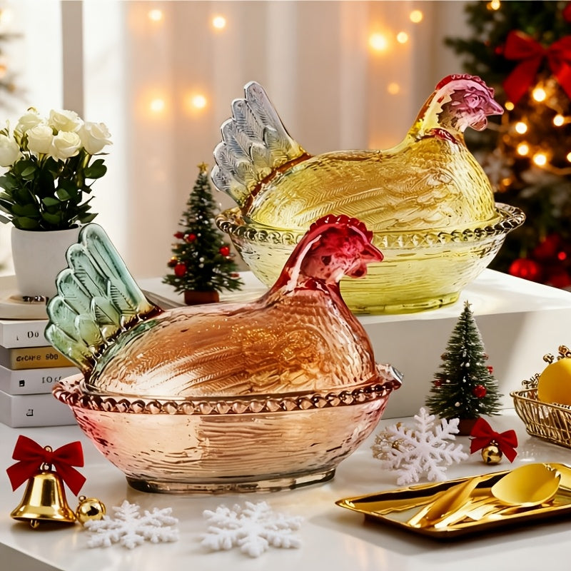 Chicken Shaped Crystal Glass Storage Jar with Lid & Placemat – Candy Colored Decorative Dish for Candy, Snacks, Jewelry & Desktop Decor