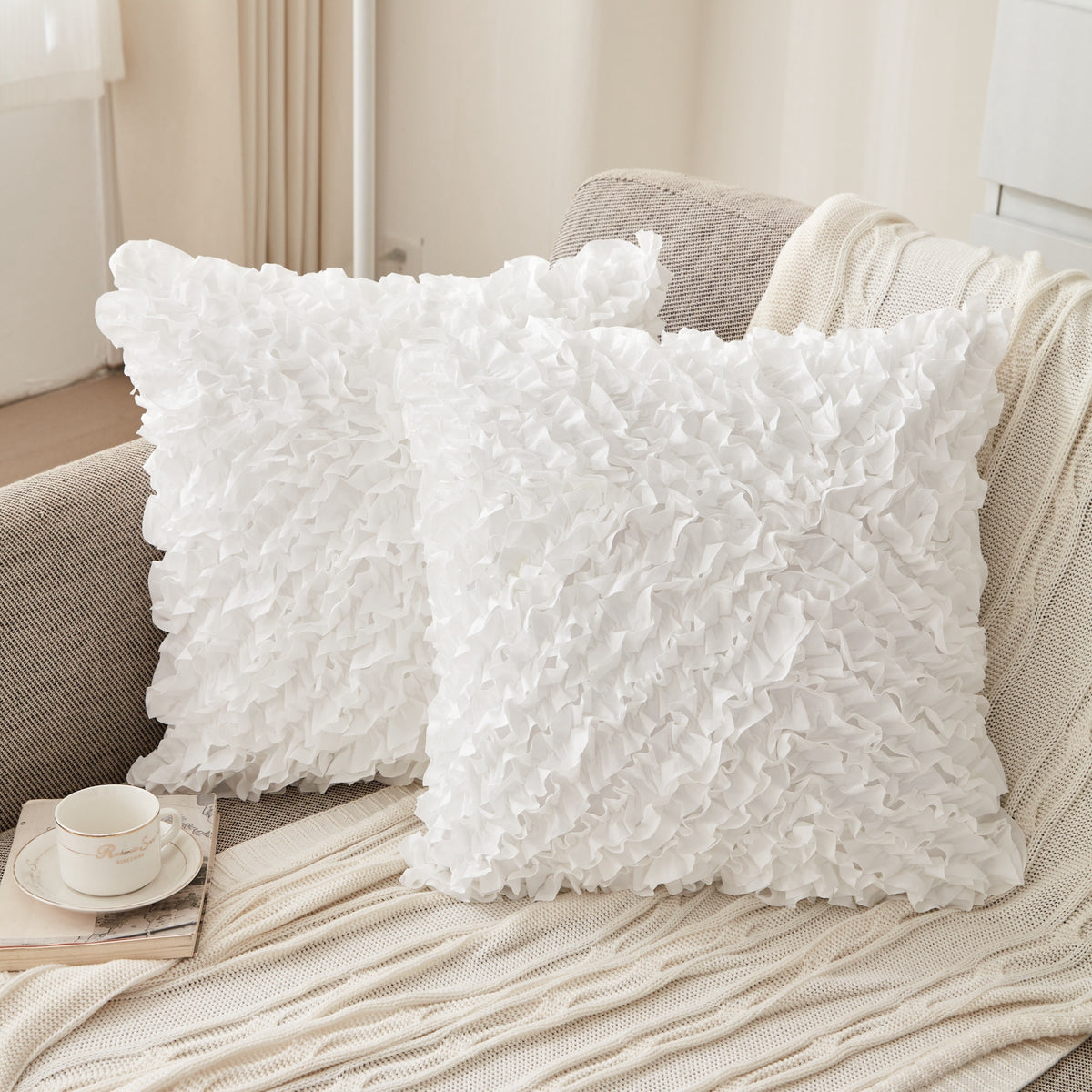 3D Ruffle Farmhouse Throw Pillow Covers Set of 2 – Handcrafted Cushion Pillowcase with Zipper, Soft Polyester, Multiple Colors & Sizes for Sofa Bed Couch Home Decor
