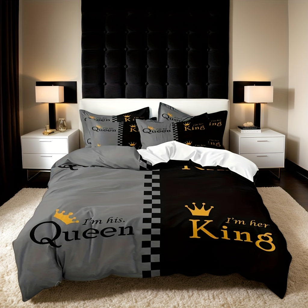 Valentine's Day Duvet Cover Set 3pcs – Crown Queen & King Print Soft Breathable Polyester Bedding, Machine Washable, Includes Duvet Cover & 2 Pillow Covers, Romantic Gift for Couples