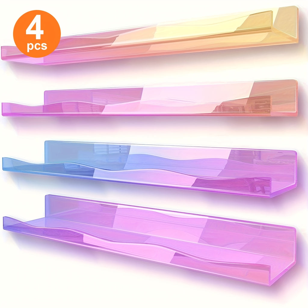 Iridescent Acrylic Floating Shelves 2 or 4 Pack – Colorful Wall Mounted Storage Rack for Nail Polish, Cosmetics & Sundries, Art Deco Home, Office, Bathroom & Nail Salon Decor, Macaron, Pink or Clear