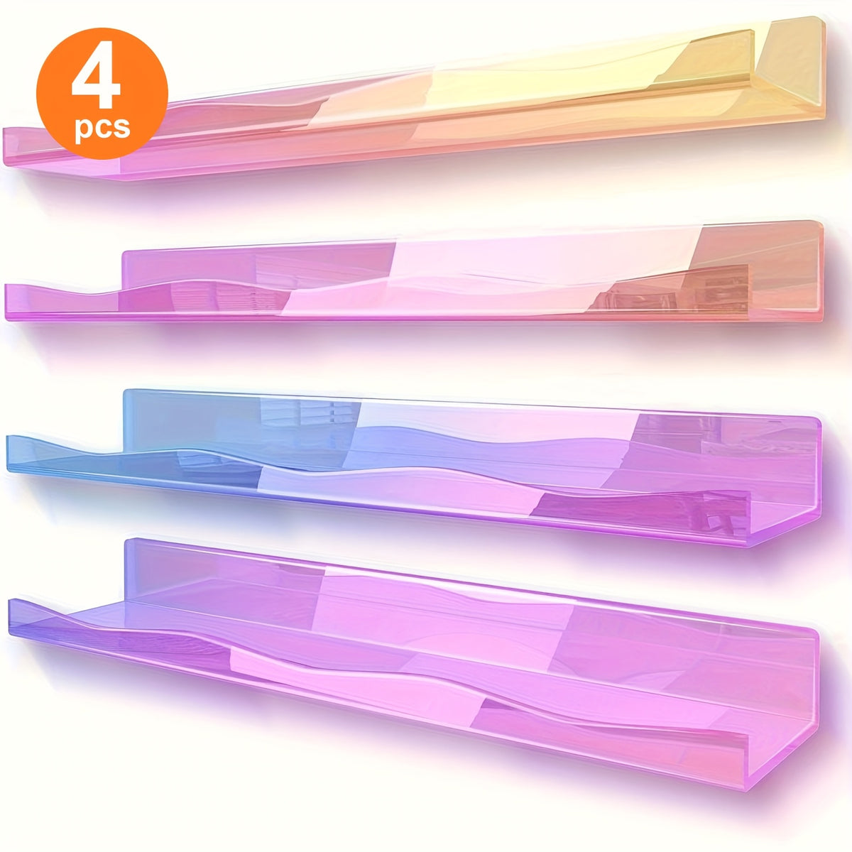 Iridescent Acrylic Floating Shelves 2 or 4 Pack – Colorful Wall Mounted Storage Rack for Nail Polish, Cosmetics & Sundries, Art Deco Home, Office, Bathroom & Nail Salon Decor, Macaron, Pink or Clear