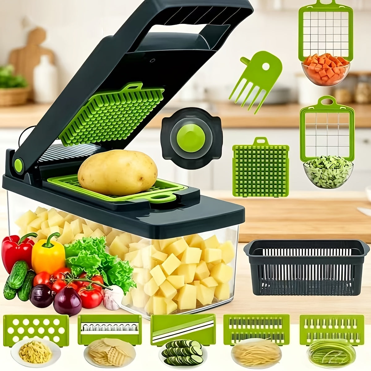 Vegetable Chopper with 8 Blades - Multifunctional Food Slicer Dicer Cutter, Onion Chopper Set with Container, 22pcs Kitchen Prep Tool