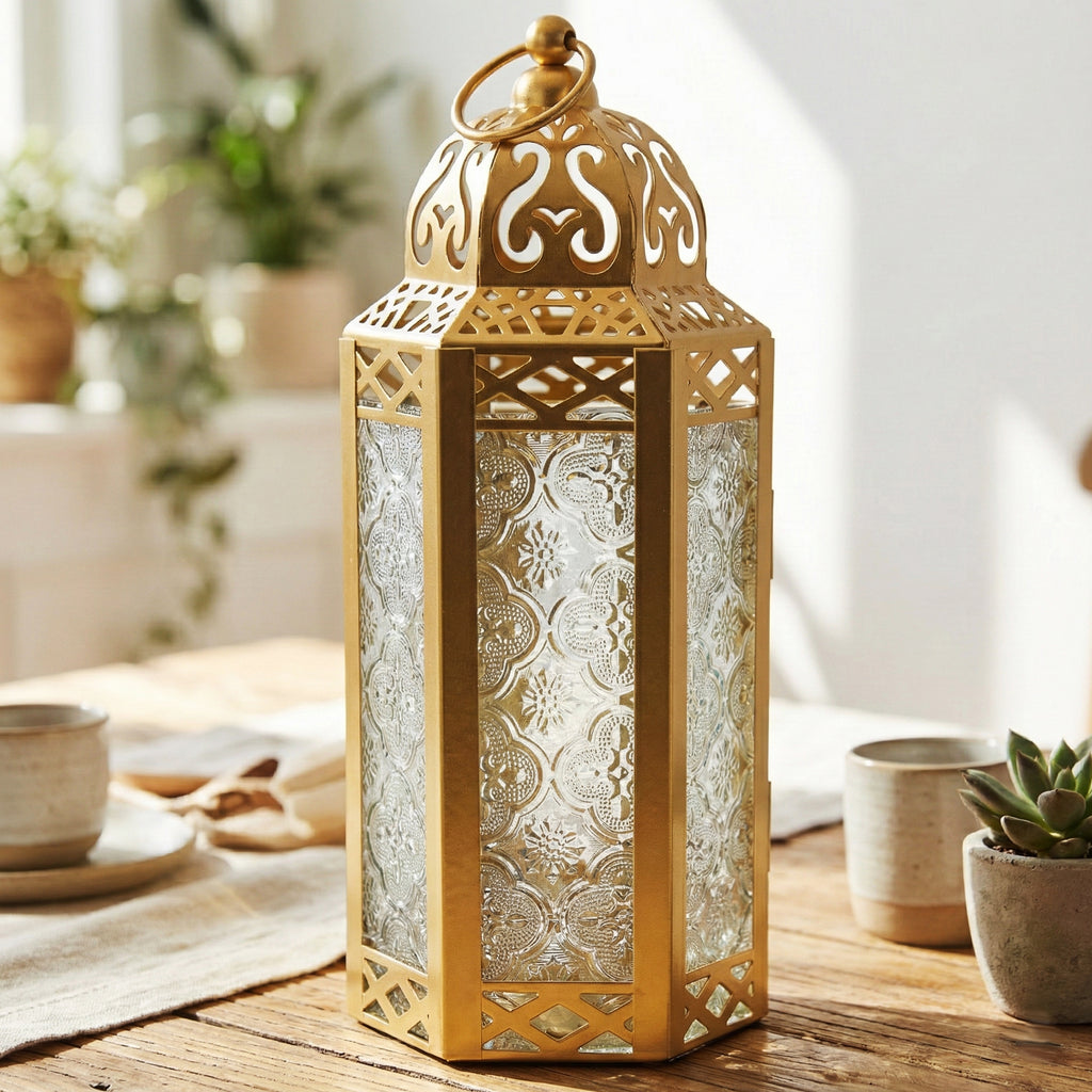 Moroccan Candle Lantern Holder Medium 10.5 Inch – Handcrafted Glass Iron Metal Lantern with Embossed Floral Panels, 17 Colors, Indoor Outdoor Use for Ramadan, Wedding, Patio, Diwali & Home Decor