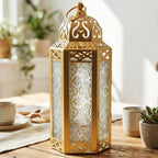 Moroccan Candle Lantern Holder Medium 10.5 Inch – Handcrafted Glass Iron Metal Lantern with Embossed Floral Panels, 17 Colors, Indoor Outdoor Use for Ramadan, Wedding, Patio, Diwali & Home Decor