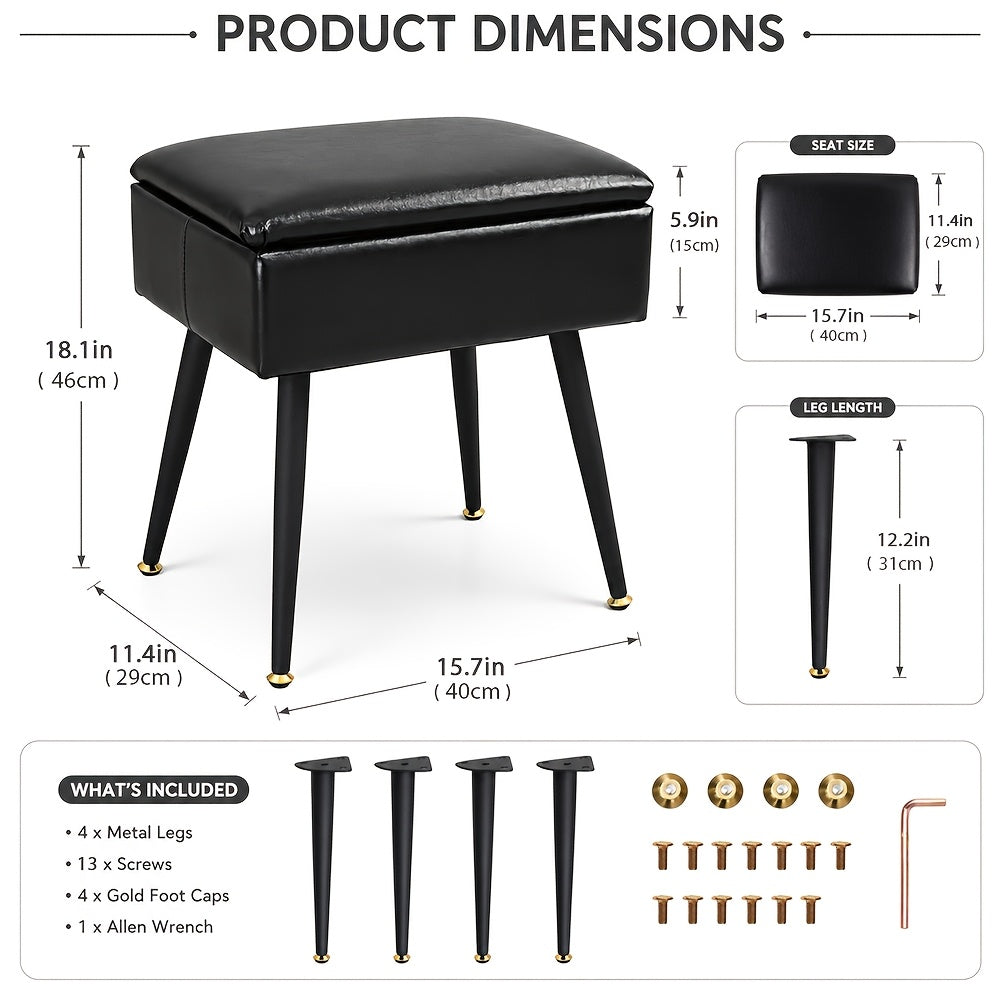 Vanity Chair with Storage PU Leather Makeup Stool Shoe Changing Ottoman Dual Purpose Seat 4 Gold Metal Legs Bedroom Living Room Study Cream White Black Pink Purple