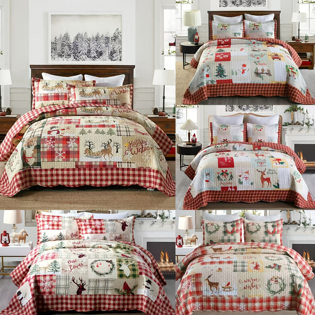 Christmas Quilt Set Queen King 3 Piece – Rustic Lodge Deer Snowman Snowflake Holiday Bedding Ensemble, Quilted Bedspread Coverlet with Pillow Shams, Machine Washable Lightweight Comforter