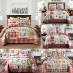 Christmas Quilt Set Queen King 3 Piece – Rustic Lodge Deer Snowman Snowflake Holiday Bedding Ensemble, Quilted Bedspread Coverlet with Pillow Shams, Machine Washable Lightweight Comforter