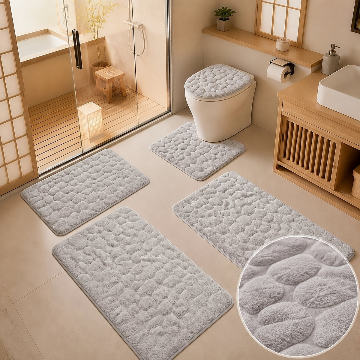 Super Absorbent Bath Mat Set 5 Piece Non-Slip Ultra Soft Bathroom Rugs, Premium Floor Mats for Bathtub Shower Vanity, 4 Colors Available