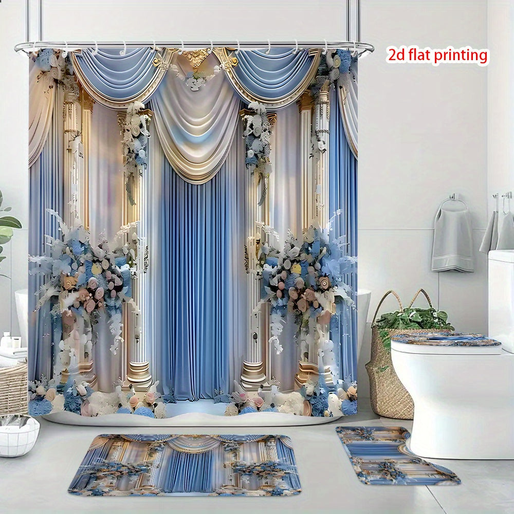 4-Piece Vintage Shower Curtain Set with Hooks, Non-Slip Floor Mat, Toilet U-Mat & Lid Cover — Waterproof Odor-Free Decorative Bathroom Ensemble, Ideal Gift