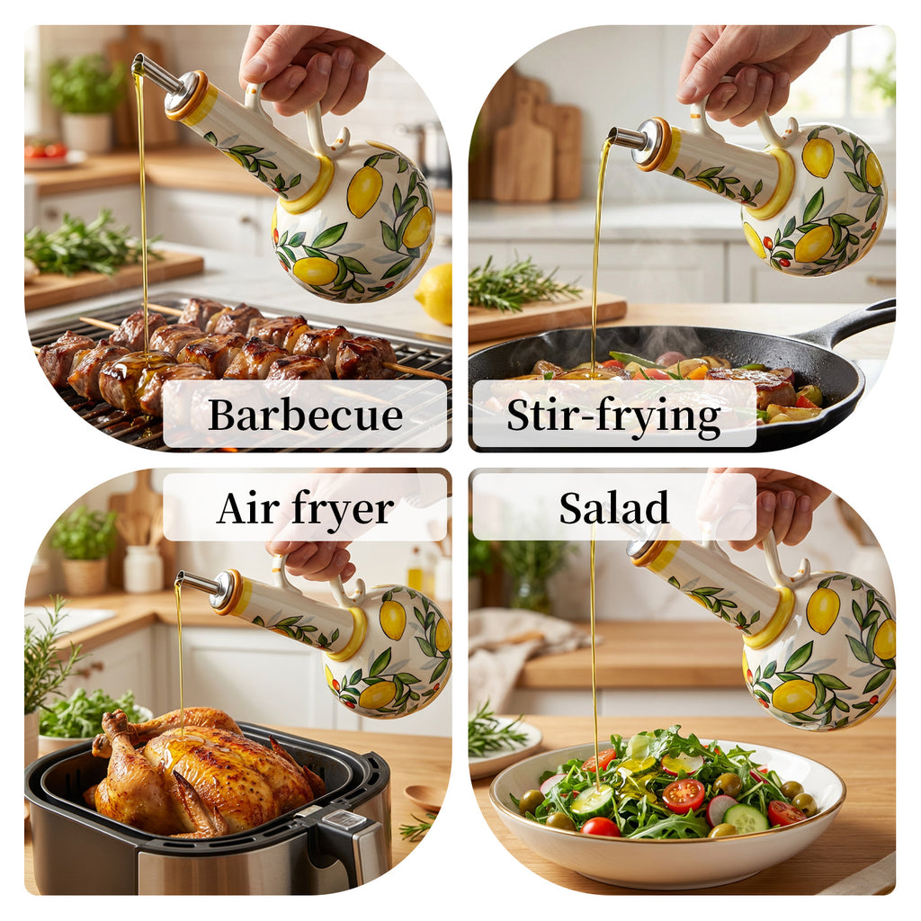 Hand-Painted Ceramic Oil & Vinegar Dispenser Set, Anti-Drip Leak-Proof Underglaze Kitchen Condiment Bottles with Oil Spout & Foot Pad, Artisan Table Serveware, Great Housewarming Gift