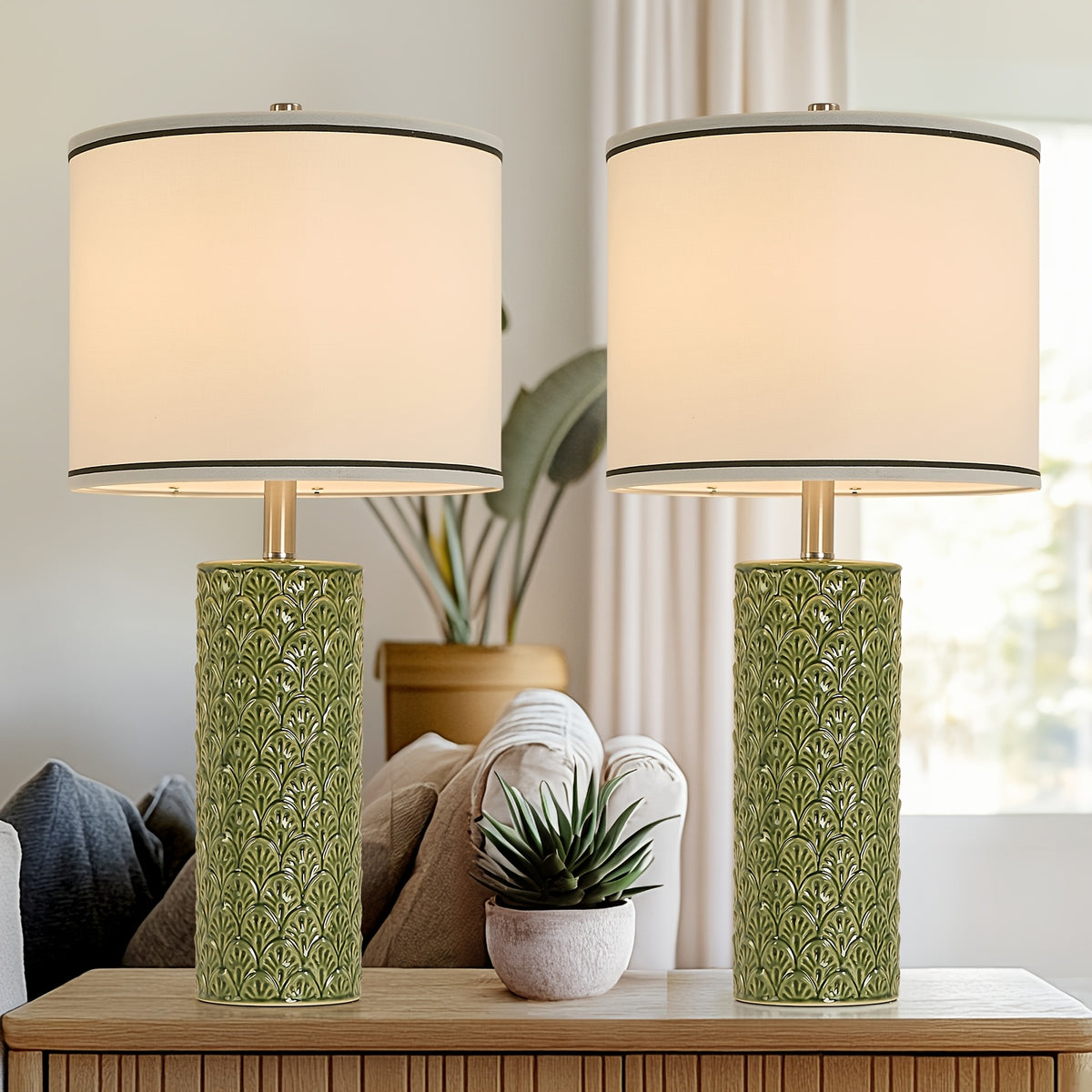 27" Modern Ceramic Table Lamp Set of 2 – Farmhouse Bedside Lamps with 3 Color Temperatures for Bedroom, Living Room & Office (LED Bulb Included)