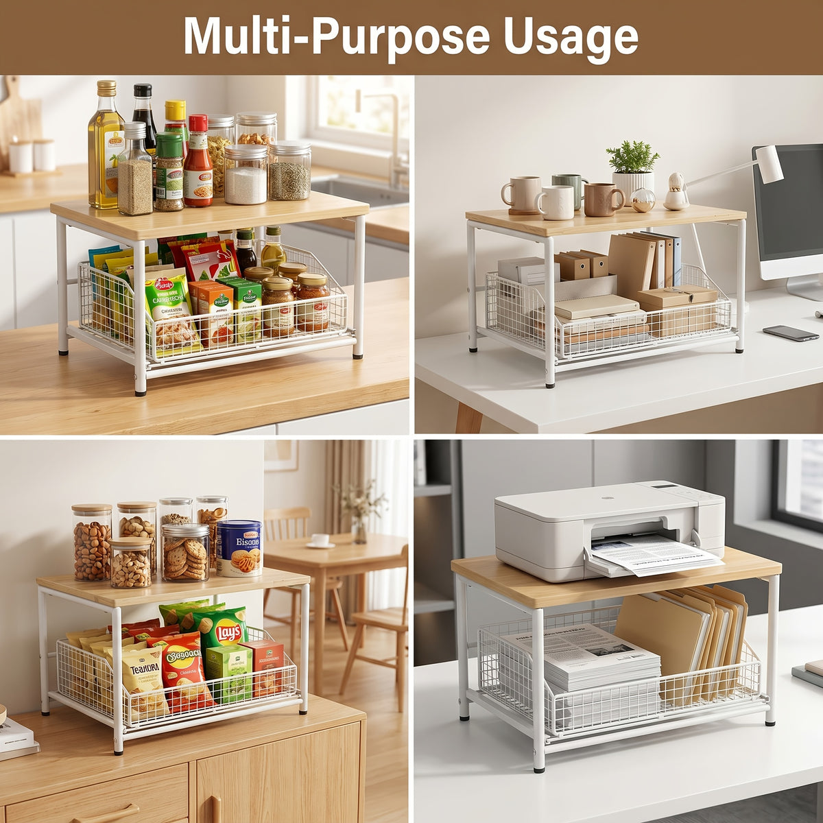 Kitchen Countertop Organizer with Drawer Wire Basket – Detachable Hardwood Metal Shelf for Coffee Maker Microwave Spices Utensils – White Black