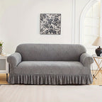 Jacquard Fleece Sofa Slipcover Ruffle Skirt High Stretch Full Coverage Non-Slip Machine Washable Pet-Friendly Couch Cover Single 2 4 Seater Living Room Bedroom Office Grey