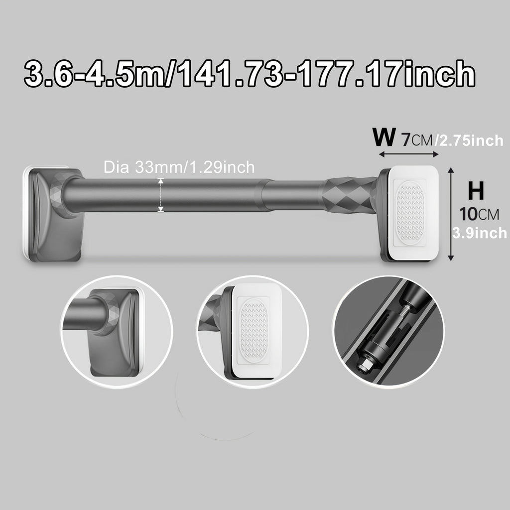 No Drill Telescopic Curtain Rod Adjustable 15.75-196.85in 33mm Extendable Shower Curtain Rod for Large Windows Anti-Slip No Screws