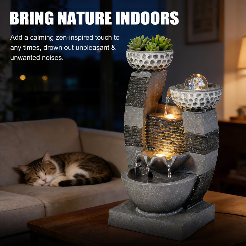 Indoor Tabletop Water Fountain with LED Lights & Crystal Ball – Tiered Bowls Cascading Water Feature with Flower Pot for Home Office Meditation Relaxation, Dark Gray, 7.9"L x 6.7"W x 15.8"H