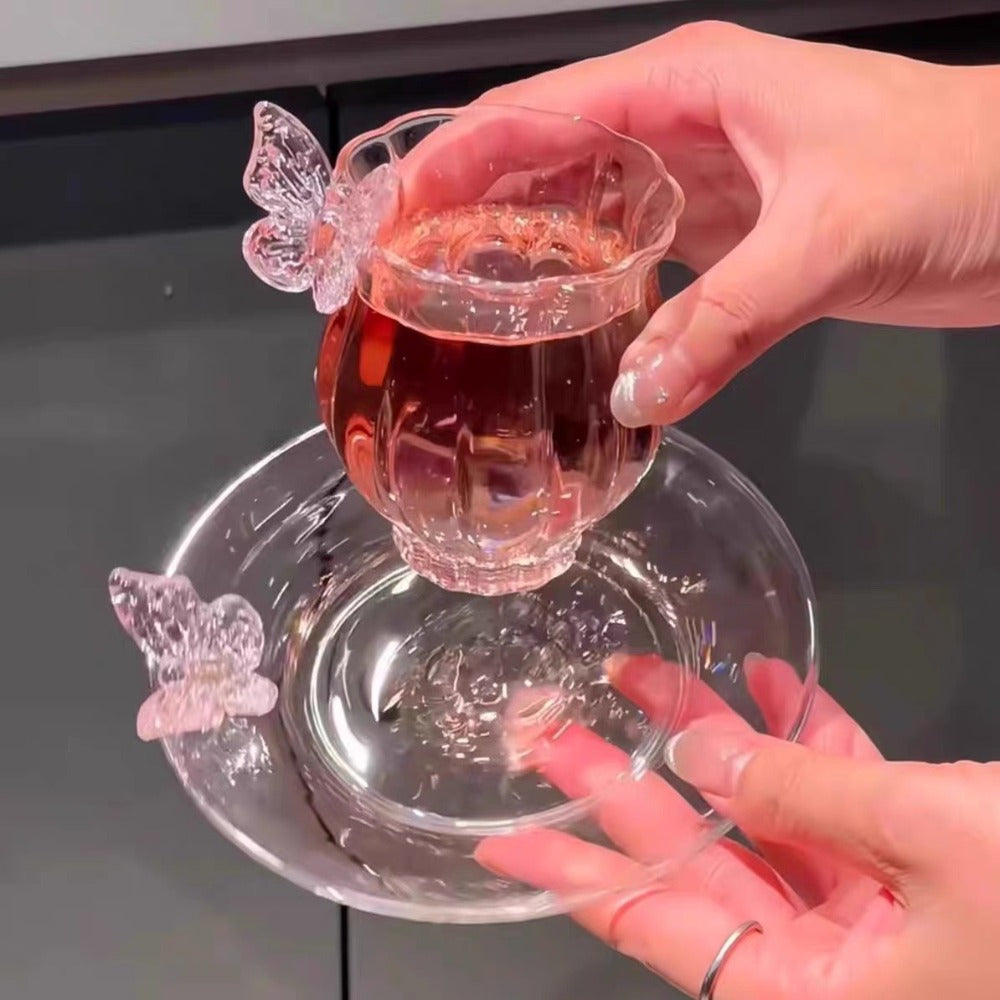 Borosilicate Glass Lotus Tea Cup with Plate 4.73oz – Heat Resistant Transparent Glassware, French Princess Style for Home, Office & Gifting