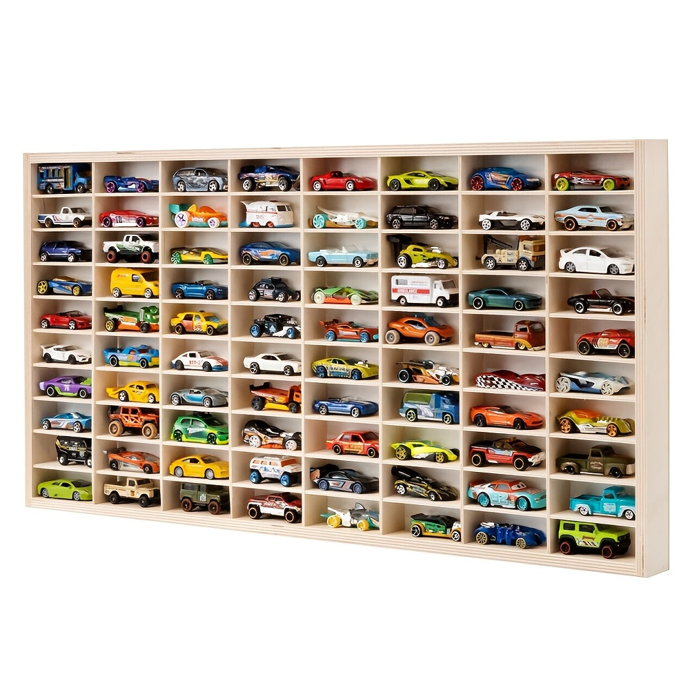Diecast Car Display Case 1:64 - Solid Wood 60-Grid Collectible Storage Box & Display Cabinet with Hooks, Lidless Design for Home, Office & Shop
