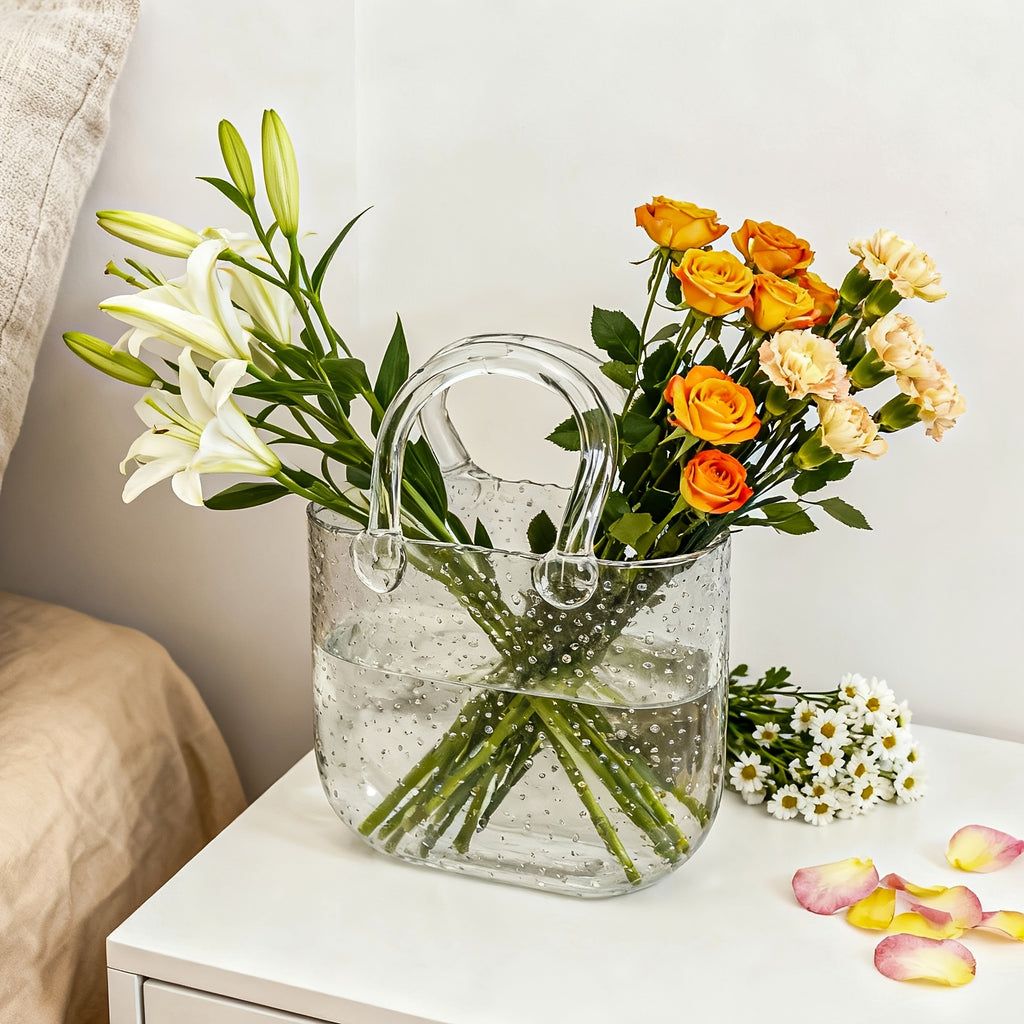 Glass Purse Vase Glow in the Dark with Bubble Handle Clear Bag Shape Flower Vase 7.7x3.9x10.4in Unique Centerpiece for Wedding Table Christmas Home Decor