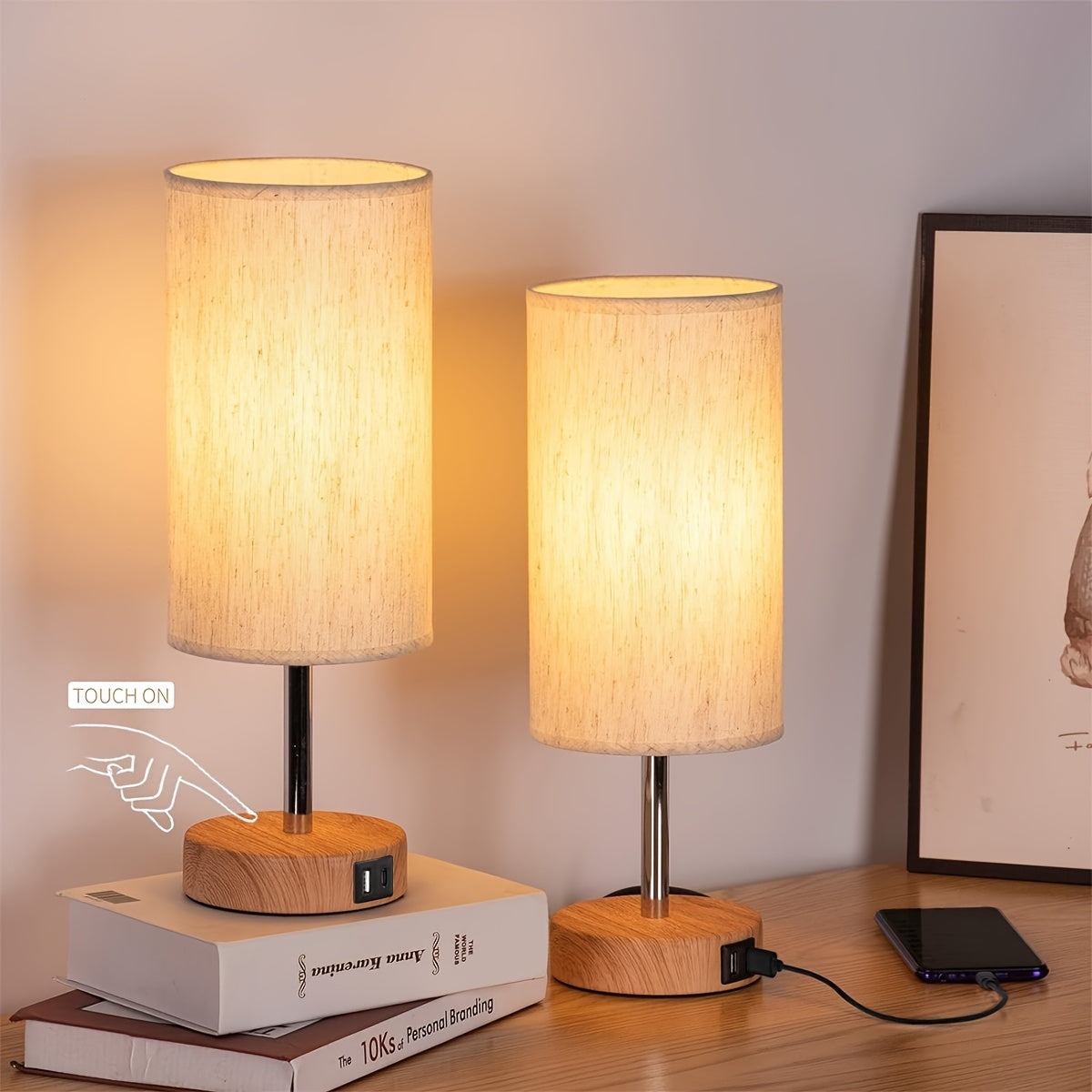 Dimmable Touch Bedside Table Lamp with Wood Base & USB-C Port – 3-Way Touch Control, Round Burlap Shade, A19 LED Bulb Included, 1/2 Pack