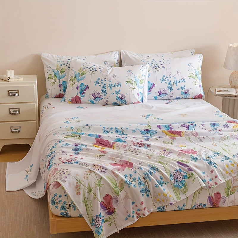Floral Sheet Set 4 Piece – Fresh Natural Flower Plant Print Fitted Sheet Flat Sheet 2 Pillowcases, Soft Breathable All-Season Bedding for Bedroom & Dorm