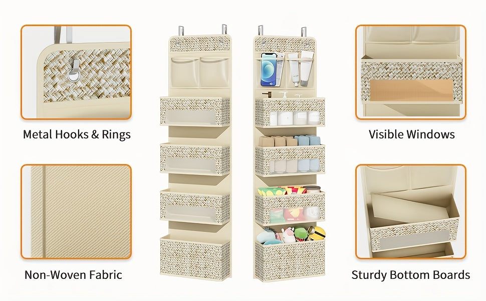 Over-The-Door Hanging Organizer – Set of 2, 5-Shelf with 4 Clear Plastic Pockets, Beige Utility Rack for Closet, Bedroom & Bathroom Storage