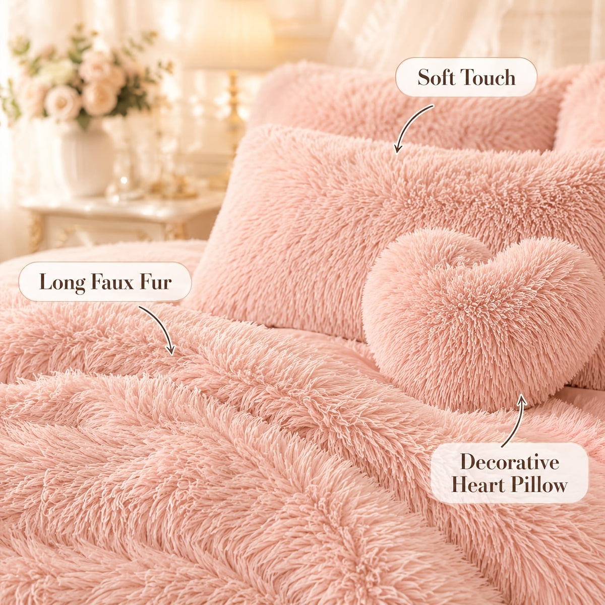 Velvet Duvet Cover Set Queen King Twin - Faux Down Flannel Bedding with Pillowcases & Bonus Heart Pillow, Zipper Closure Plush Thermal All-Season, 8 Colors 3/4-Piece