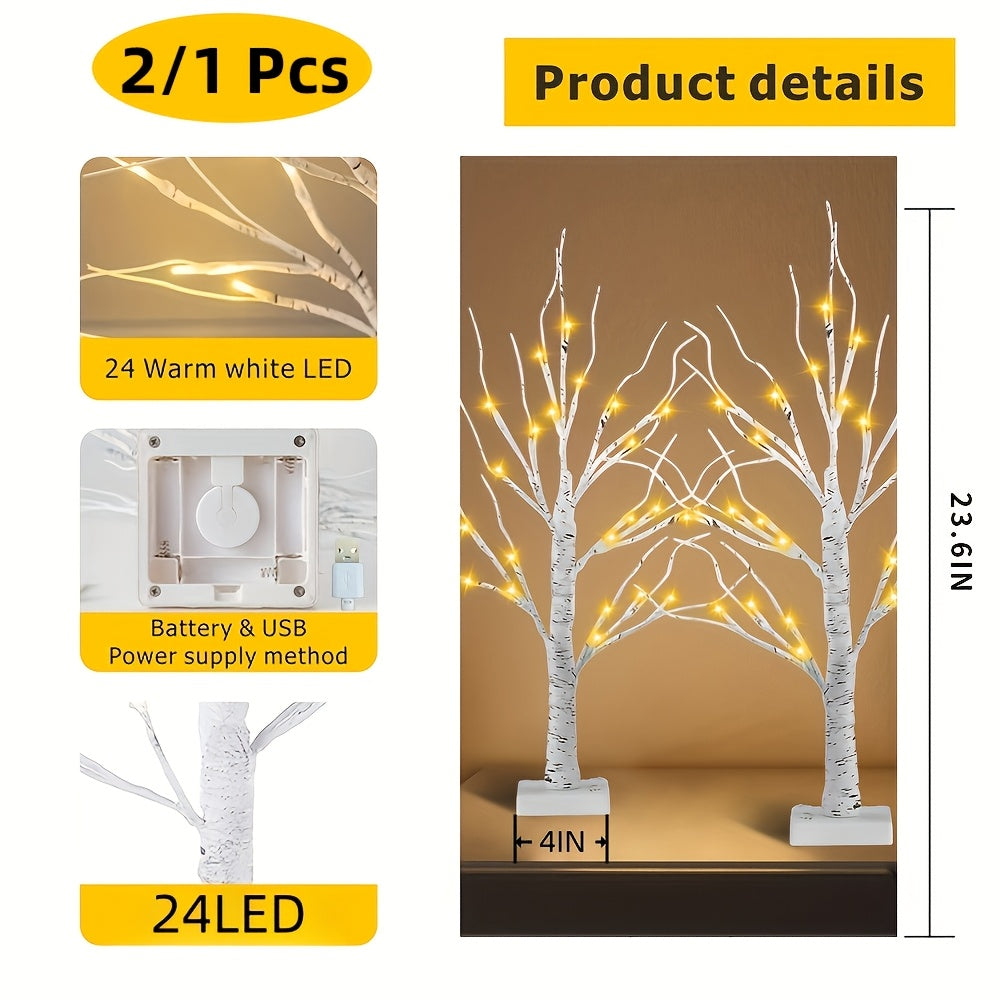 Artificial Birch Wood Branch LED Lamp 2FT 24 LEDs Warm White with Timer - USB & Battery Dual Powered Decorative Twig Light for Bedroom Living Room Office Wedding Home Decor - Single & 2-Pack