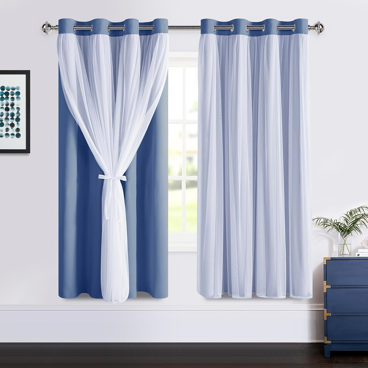 Double Layer Blackout Curtains with Sheer Overlay 2 Panels - Grommet Top Thermal Insulated Mix & Match Window Drapes with Tiebacks for Bedroom Living Room, All Season