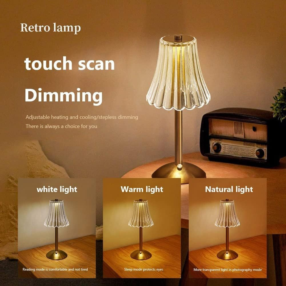 Vintage Crystal LED Table Lamp USB Rechargeable 3-Color Touch Control – Elegant Night Lamp for Bedroom Ambiance, Living Room, Office & Study