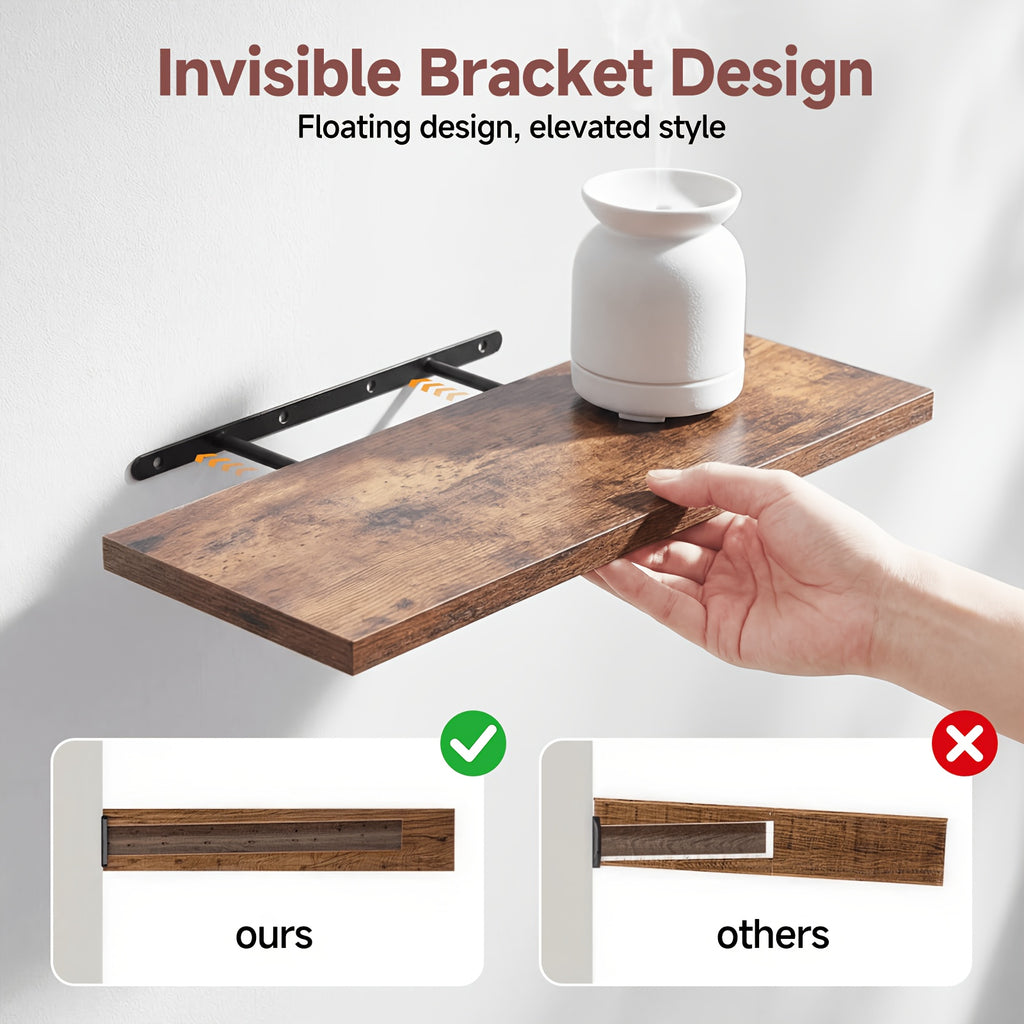 Floating Shelves for Wall 4-Pack 15.8 Inch - Brown Wall Mounted Shelf with Invisible Bracket for Bathroom, Living Room, Bedroom, Kitchen & Office Decor