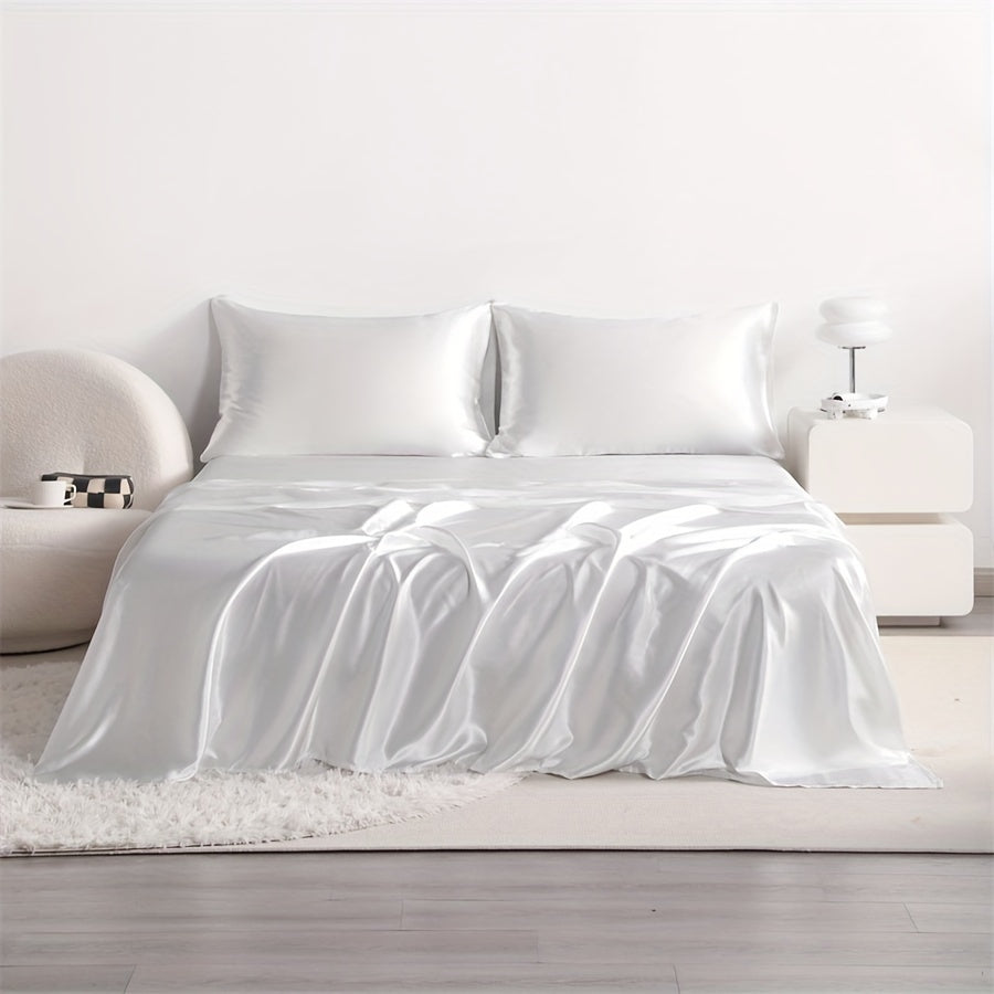 Cooling Satin Bed Sheet Set 4-Piece – Hypoallergenic Breathable Deep Pocket Flat & Fitted Sheet with Pillowcases, 300 GSM, 15 Colors, Twin to Cal King