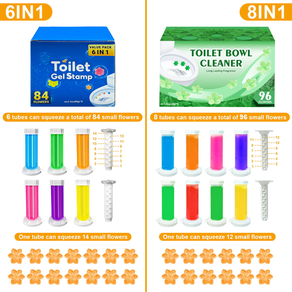 Toilet Cleaning Gel Stamps with Dispenser & Air-Freshening Fragrance – 8 Pieces / 96 Gel Patterns Toilet Bowl Cleaner for Ceramic Surfaces, Bathrooms & Kitchens