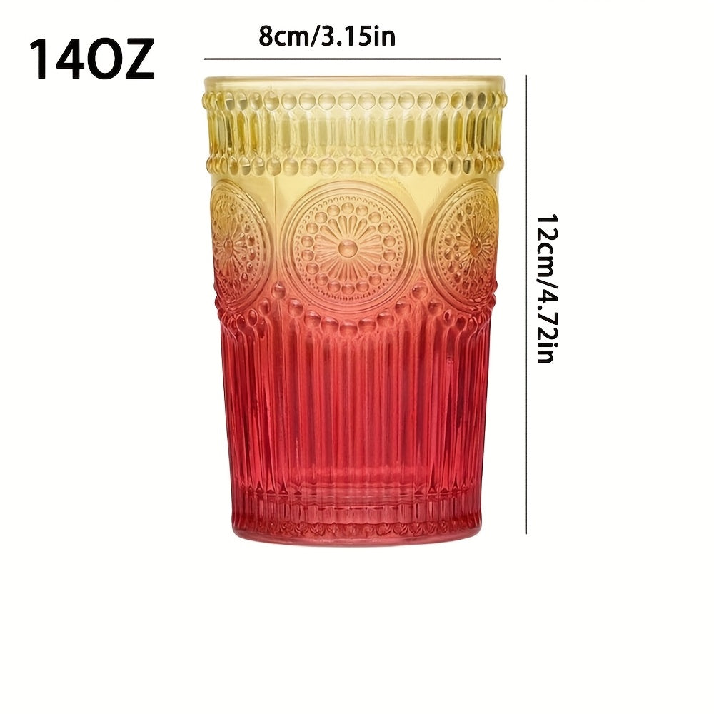 Retro Colored Whiskey Glasses Set of 6 – 14oz Embossed Colorful Tumblers for Whiskey, Cocktails, Juice, Water & Beer – Vintage Muted Glass Drinkware