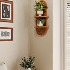Boho Farmhouse Wood Floating Wall Shelves – 2-Layer Arc Design Wall-Mounted Storage Rack for Books, Plants & Decor in Bedroom, Bathroom, Kitchen & Living Room