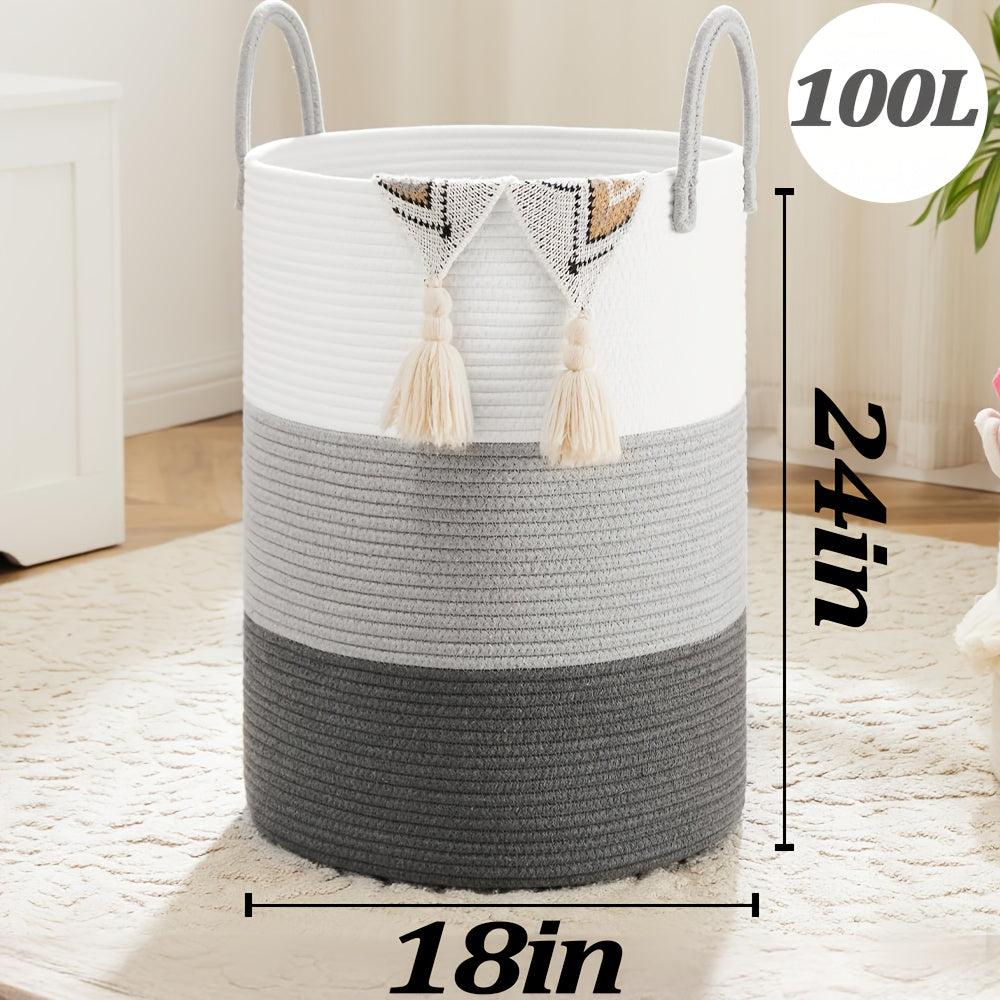 Collapsible Woven Rope Laundry Basket & Hamper - 4 Sizes (12-26 Gal), Cotton Rope Storage Basket for Dirty Clothes, Blankets & Toys, Boho Bathroom Nursery & Living Room Decor