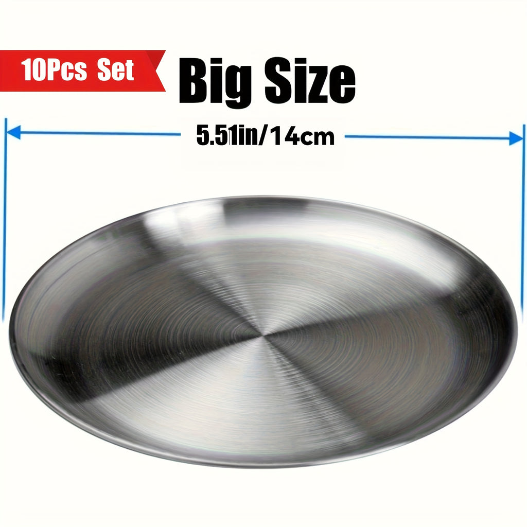 304 Stainless Steel Dinner Plates Set of 10 BPA-Free Dishwasher Safe Non-Toxic Round Metal Plates for Home Outdoor Camping Holiday Use