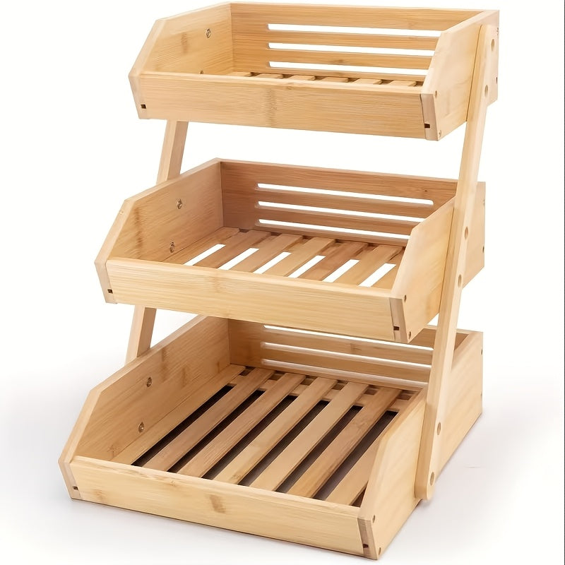 Bamboo Fruit Basket Stand 2 3 Tier Kitchen Countertop Organizer Produce Vegetable Bread Storage with Banana Hook Non-Slip Pads Easy Assembly