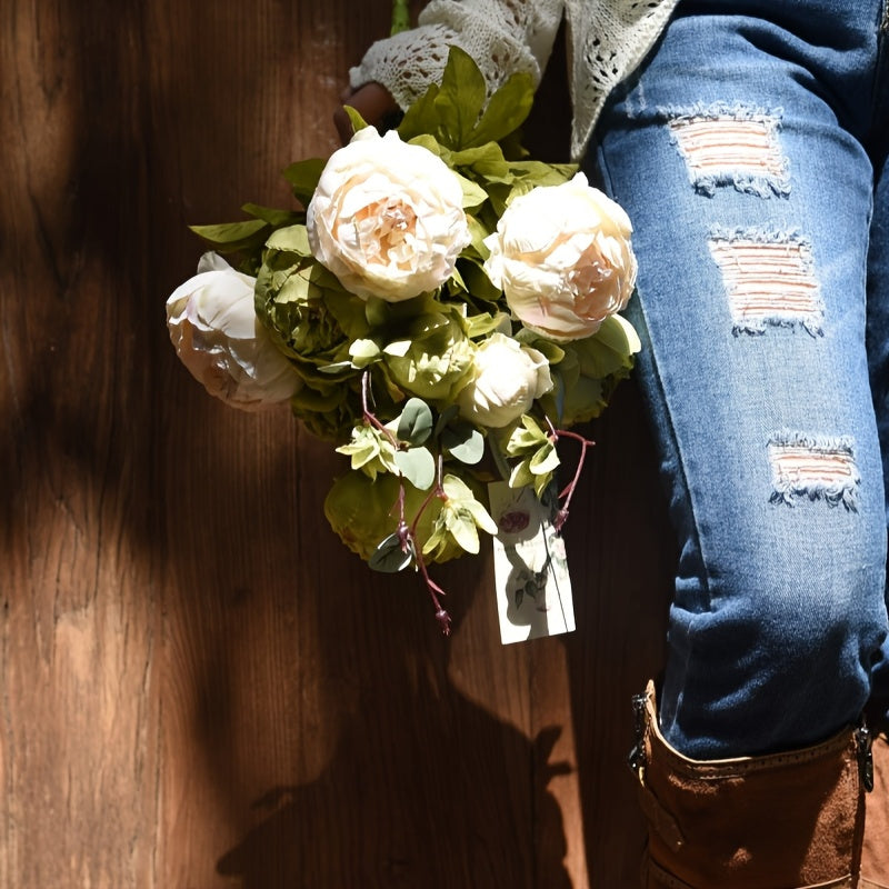 Vintage Peony Hydrangea Artificial Flowers 1-2 Bunches 13 26 Stems Rustic Brown Beige Green Mix | Fake Floral Centerpiece for Wedding Bridal Home Living Room Indoor Decor