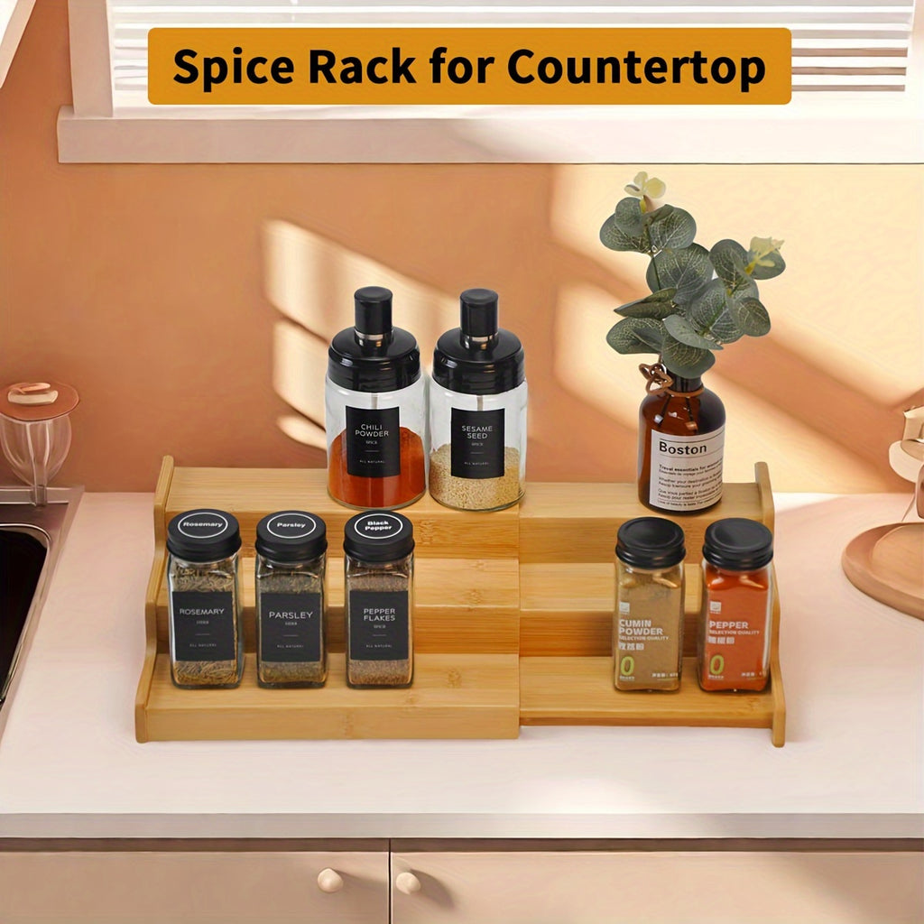 Bamboo 3-Tier Ladder Spice Rack & Kitchen Cabinet Organizer – Expandable Countertop Shelf for Spice Jars, Bottles & Pantry Storage – Space-Saving Kitchen Display Stand