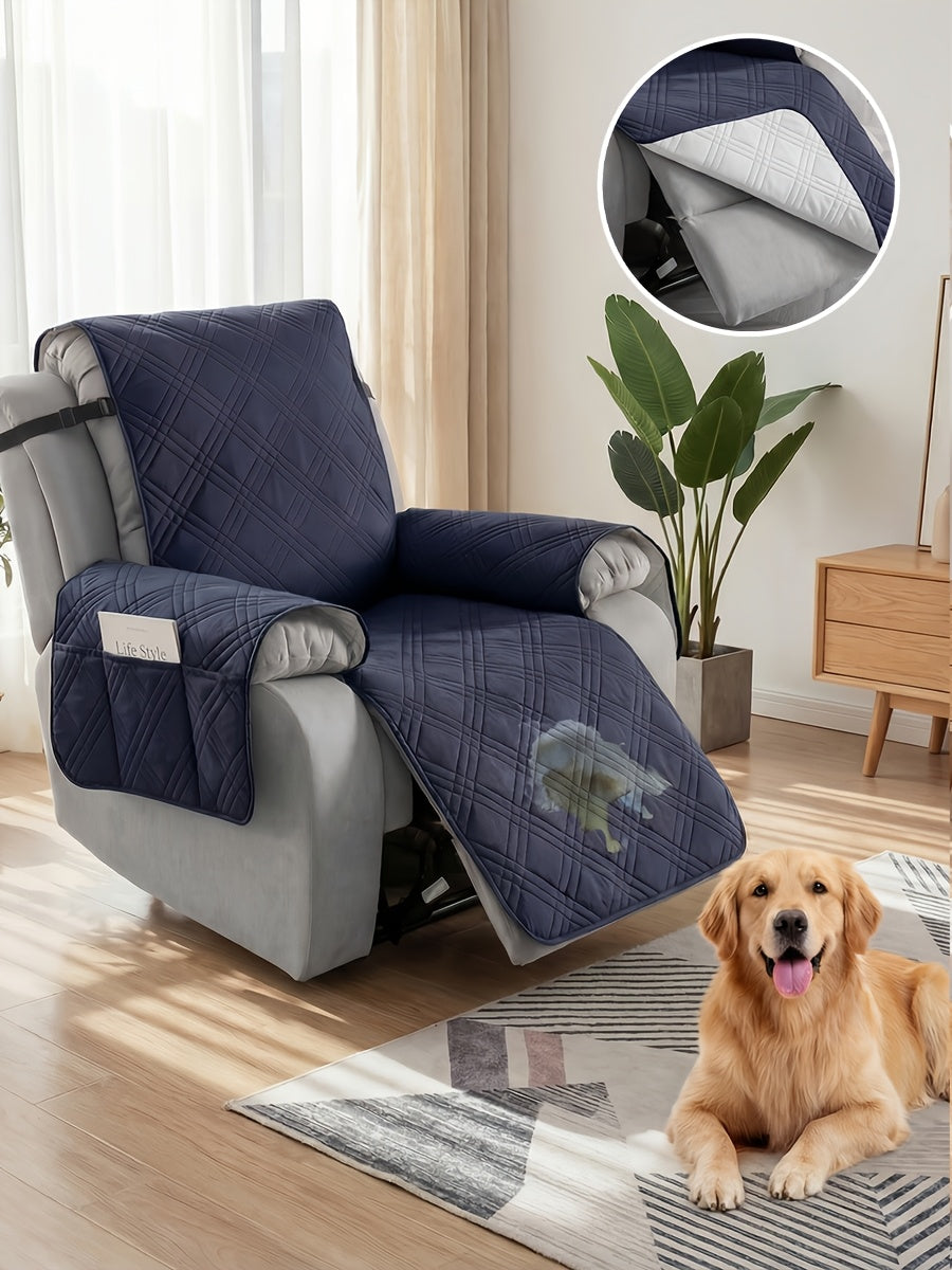 Quilted Recliner Cover with Side Pocket Anti-Slip Elastic Band Pet Furniture Protector – Easy to Install Sofa Recliner Slipcover for Living Room, All-Season Home Decor