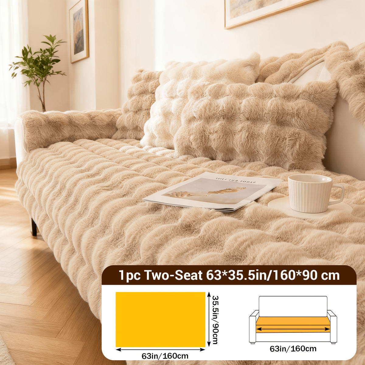 Bubble Faux Rabbit Fur Sofa Cover Non-Slip Stretchable 3/4 Seat Slipcover – Silicone Grip Breathable Furniture Protector for Living Room, Bed & Dorm, Machine Washable in Beige, Dark Grey & Khaki