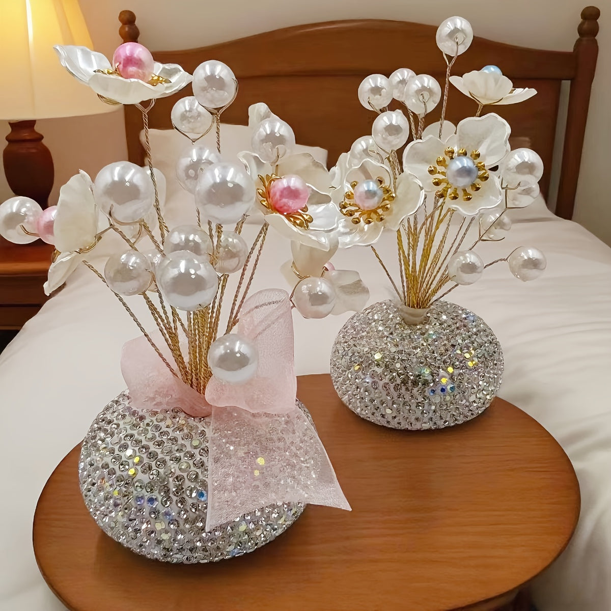 Crystal Simulation Flower Decoration Set of 2 - Handmade Faux Crystal Flowers for Car Center Console Home Decor and Desk - Elegant Gift for Mothers Day Birthday and Valentines Day Holiday Parties