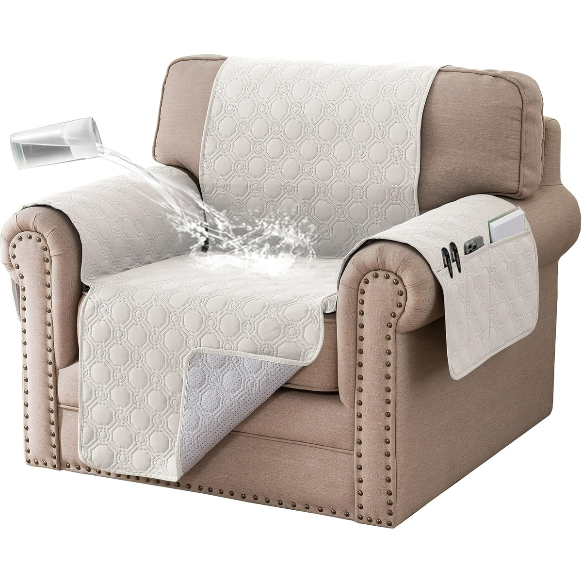Liquid-Resistant Sofa Cover with Pocket, Geometric Pattern Couch Slipcover Furniture Protector for Pets, Washable Thick Soft 1 2 3 4 Seat Sizes Chair Loveseat Sofa