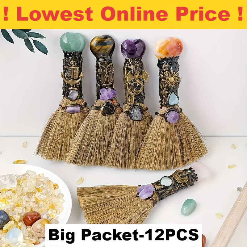 Mini Magic Brooms 12pcs Decorative Christmas Halloween Day of the Dead Witch Broom Set for Home Decor DIY Crafts Crystal Accessories Holiday Birthday Gift