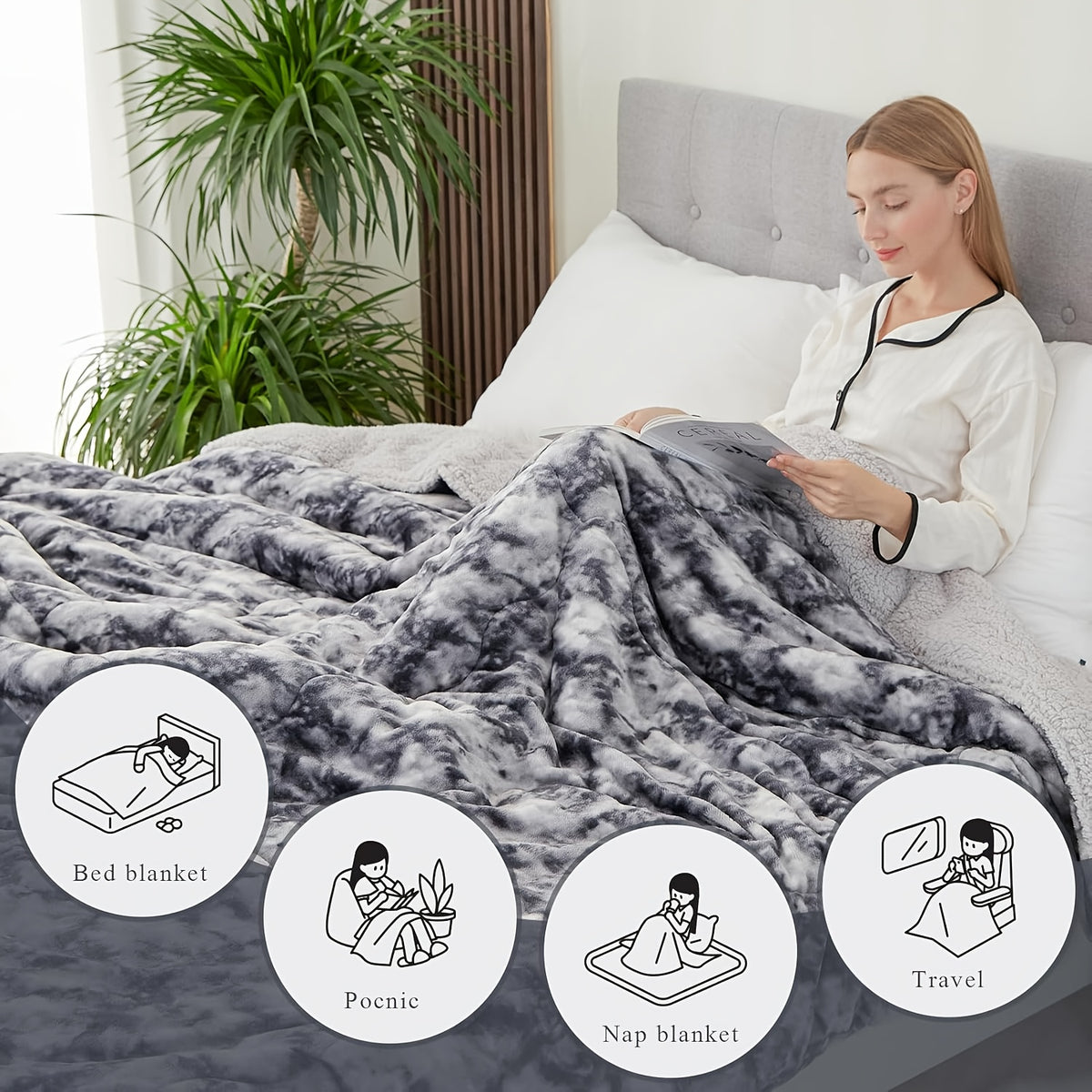 Flannel Plush Blanket Extra Thick Reversible Moire Pattern Microfiber Lightweight Soft Cozy Warm for Sofa Bed Grey Tie-Dye Blue Beige 50x60 60x80 90x90 108x90 Inch