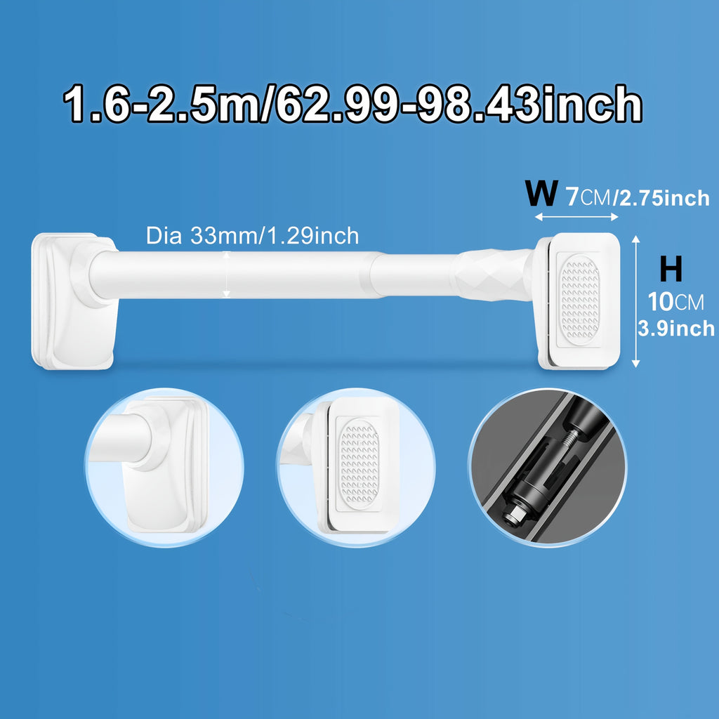 No Drill Telescopic Curtain Rod Adjustable 15.75-196.85in 33mm Extendable Shower Curtain Rod for Large Windows Anti-Slip No Screws