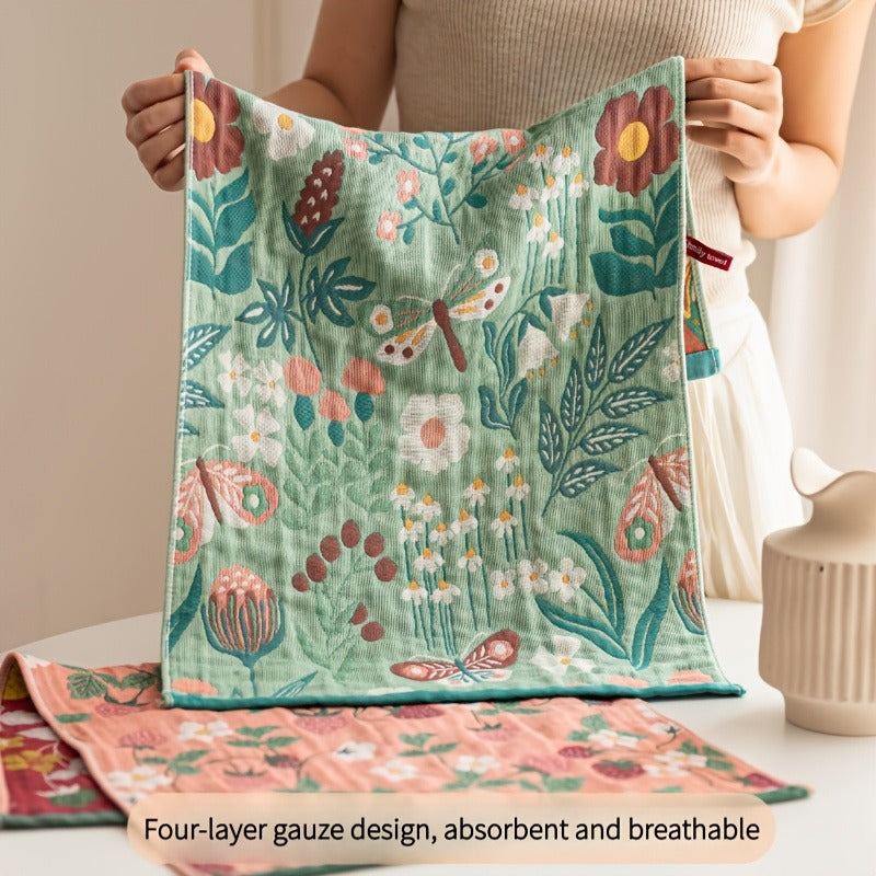 Four-Layer Gauze Jacquard Hand Towel & Kitchen Towel Set Thickened Soft Absorbent Quick Dry - Floral Pastoral Style Multi-Function 4 Designs | Nuvia Haven